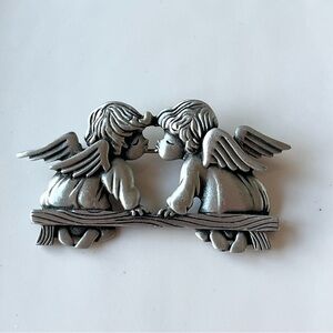 Vtg Angel Brooch Signed JJ Pin Kissing Angels Cherub Pewter Silver Tone Jewelry